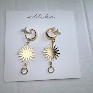 Ettika Gold Star Burst Earrings Cubic Zirconia Hoop with Dangle NEW